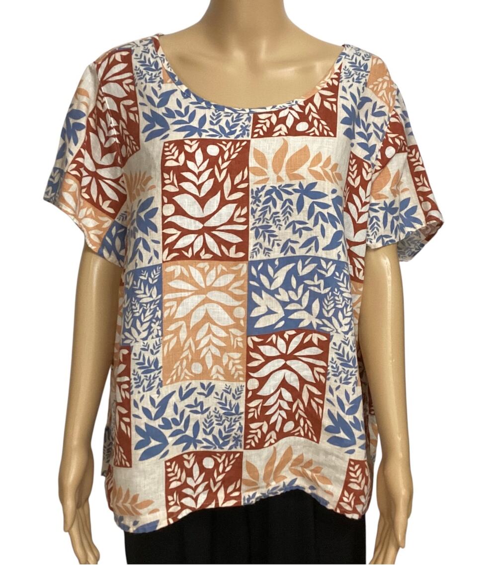 Sigrid Olsen Women’s 1X 100% Linen Botanical Leaf Print Short Sleeve Top